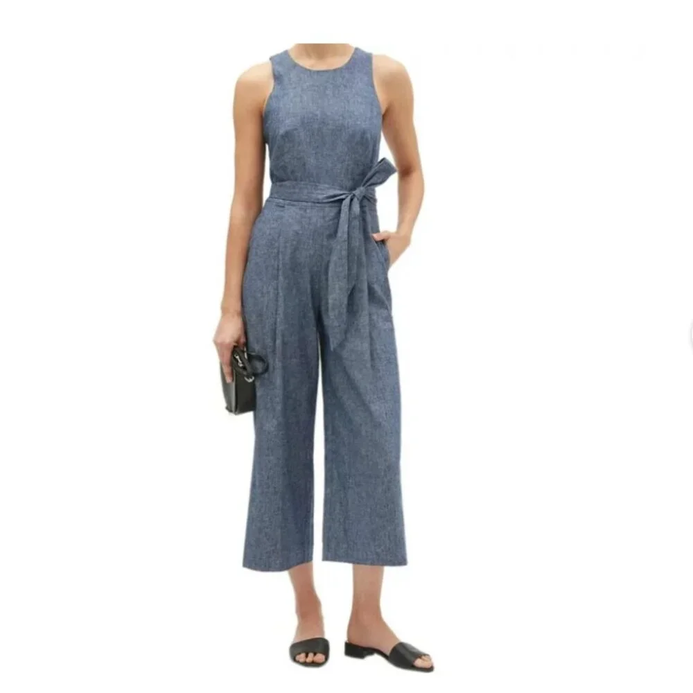 Banana Republic Chambray Blue Linen Blend Tie Waist Jumpsuit